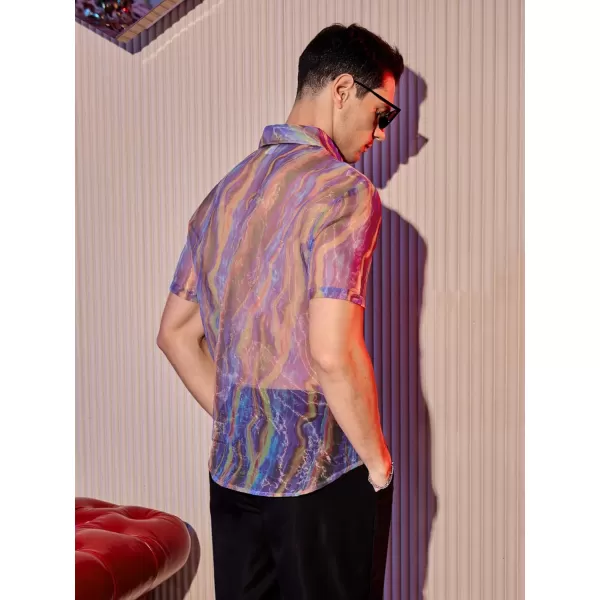 WDIRARA Men's Sheer Ombre Button Down Short Sleeve Organza Party Disco Shirt Top