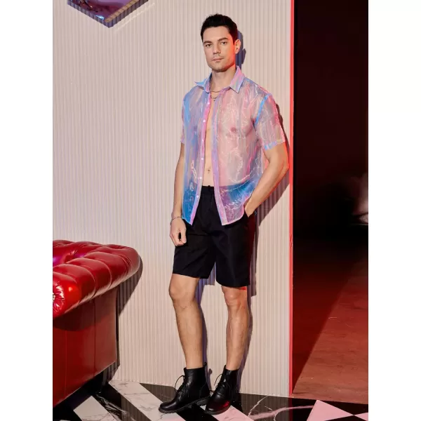 WDIRARA Men's Sheer Ombre Button Down Short Sleeve Organza Party Disco Shirt Top