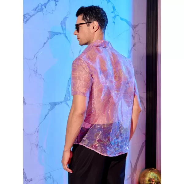 WDIRARA Men's Sheer Ombre Button Down Short Sleeve Organza Party Disco Shirt Top