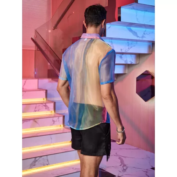 WDIRARA Men's Sheer Ombre Button Down Short Sleeve Organza Party Disco Shirt Top
