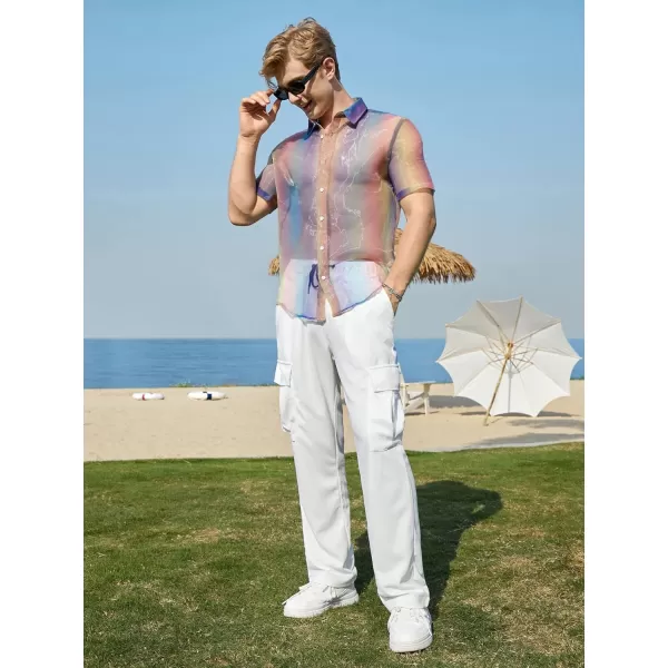 WDIRARA Men's Sheer Ombre Button Down Short Sleeve Organza Party Disco Shirt Top