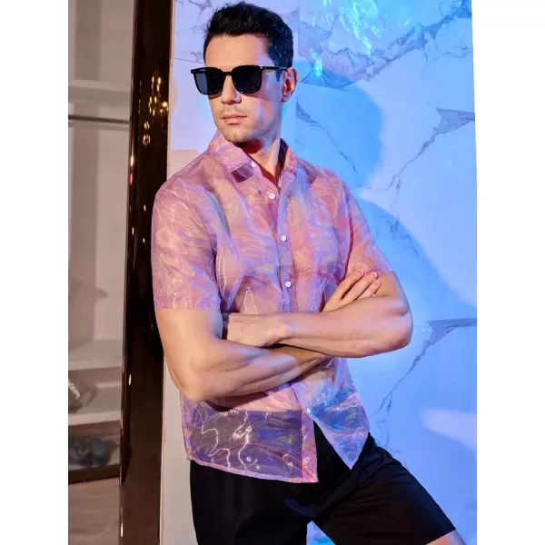 WDIRARA Men's Sheer Ombre Button Down Short Sleeve Organza Party Disco Shirt Top