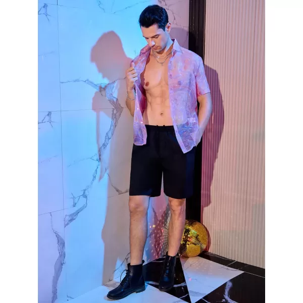WDIRARA Men's Sheer Ombre Button Down Short Sleeve Organza Party Disco Shirt Top