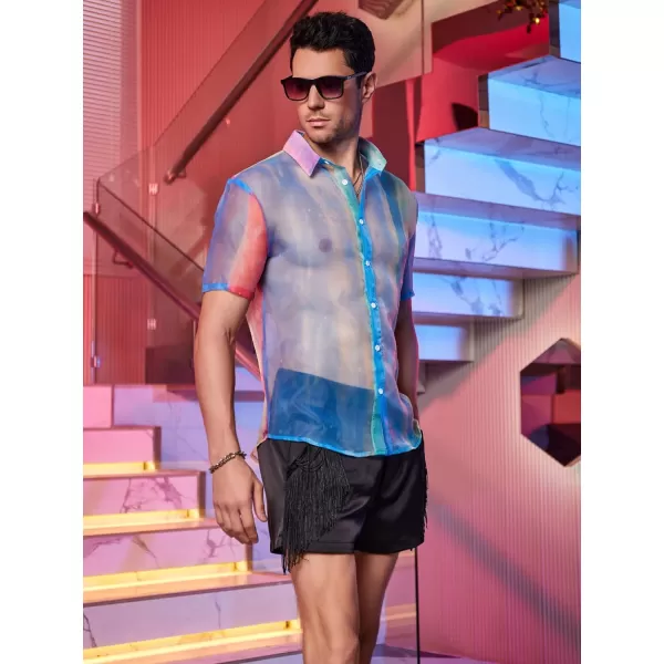 WDIRARA Men's Sheer Ombre Button Down Short Sleeve Organza Party Disco Shirt Top