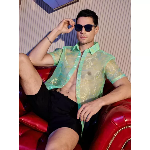 WDIRARA Men's Sheer Ombre Button Down Short Sleeve Organza Party Disco Shirt Top