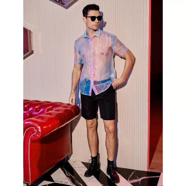 WDIRARA Men's Sheer Ombre Button Down Short Sleeve Organza Party Disco Shirt Top