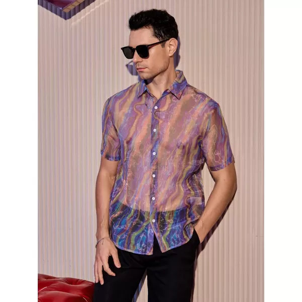 WDIRARA Men's Sheer Ombre Button Down Short Sleeve Organza Party Disco Shirt Top
