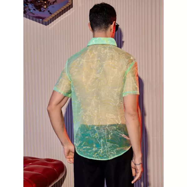 WDIRARA Men's Sheer Ombre Button Down Short Sleeve Organza Party Disco Shirt Top