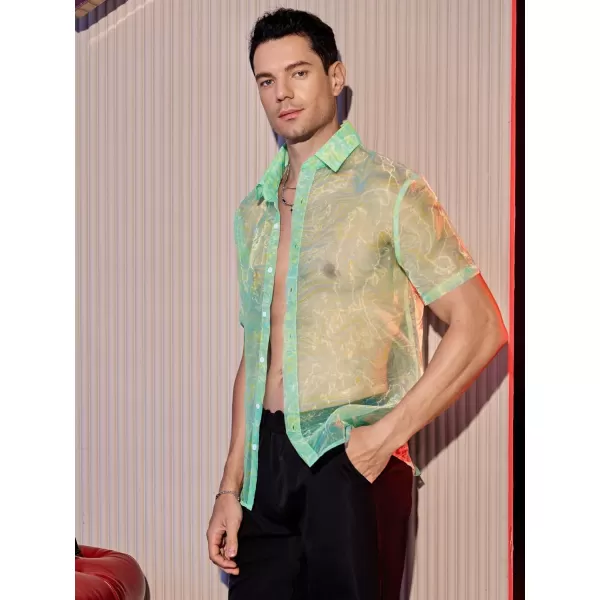 WDIRARA Men's Sheer Ombre Button Down Short Sleeve Organza Party Disco Shirt Top