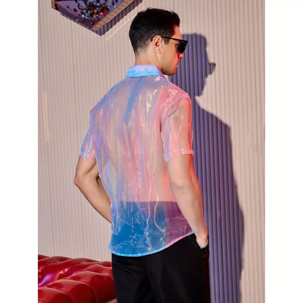 WDIRARA Men's Sheer Ombre Button Down Short Sleeve Organza Party Disco Shirt Top
