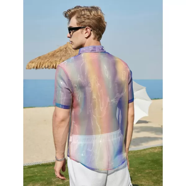 WDIRARA Men's Sheer Ombre Button Down Short Sleeve Organza Party Disco Shirt Top