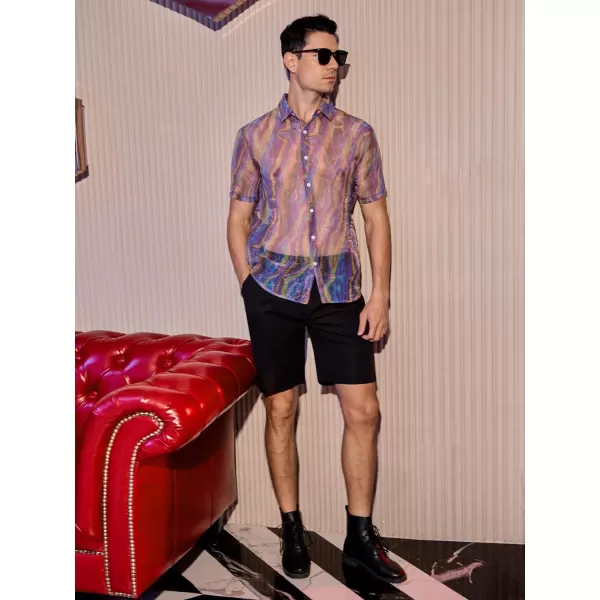 WDIRARA Men's Sheer Ombre Button Down Short Sleeve Organza Party Disco Shirt Top
