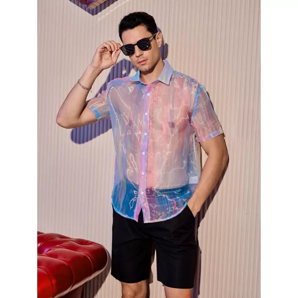 WDIRARA Men's Sheer Ombre Button Down Short Sleeve Organza Party Disco Shirt Top