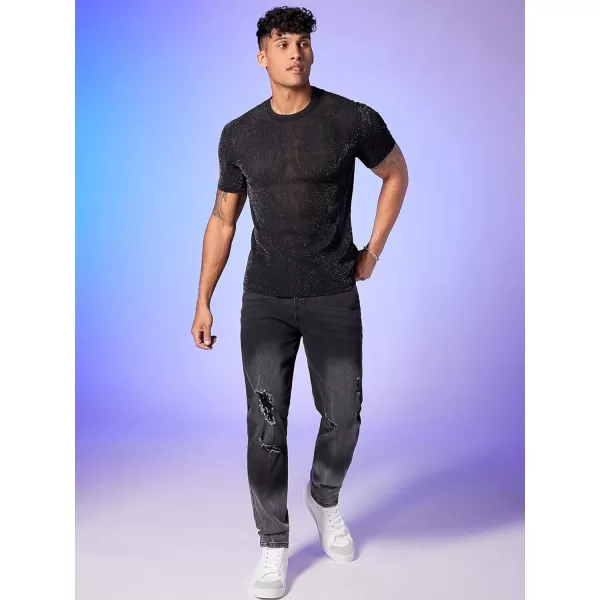 WDIRARA Men's Silk Satin Metallic Button Down Short Sleeve Collared Shirts Rave Disco Club Tops