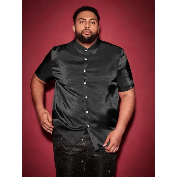 WDIRARA Men's Silk Satin Metallic Button Down Short Sleeve Collared Shirts Rave Disco Club Tops