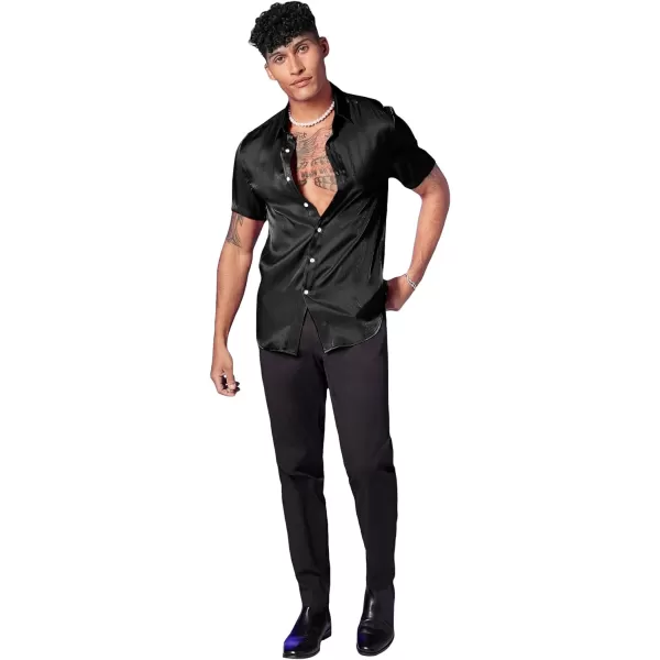 WDIRARA Men's Silk Satin Metallic Button Down Short Sleeve Collared Shirts Rave Disco Club Tops