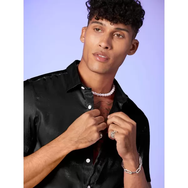 WDIRARA Men's Silk Satin Metallic Button Down Short Sleeve Collared Shirts Rave Disco Club Tops