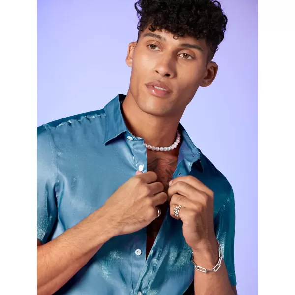 WDIRARA Men's Silk Satin Metallic Button Down Short Sleeve Collared Shirts Rave Disco Club Tops