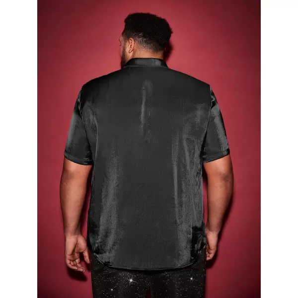 WDIRARA Men's Silk Satin Metallic Button Down Short Sleeve Collared Shirts Rave Disco Club Tops