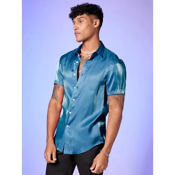 WDIRARA Men's Silk Satin Metallic Button Down Short Sleeve Collared Shirts Rave Disco Club Tops