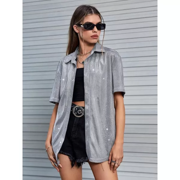 WDIRARA Men's Silk Satin Metallic Button Down Short Sleeve Collared Shirts Rave Disco Club Tops
