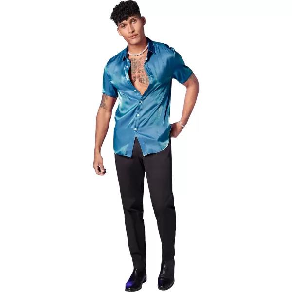 WDIRARA Men's Silk Satin Metallic Button Down Short Sleeve Collared Shirts Rave Disco Club Tops