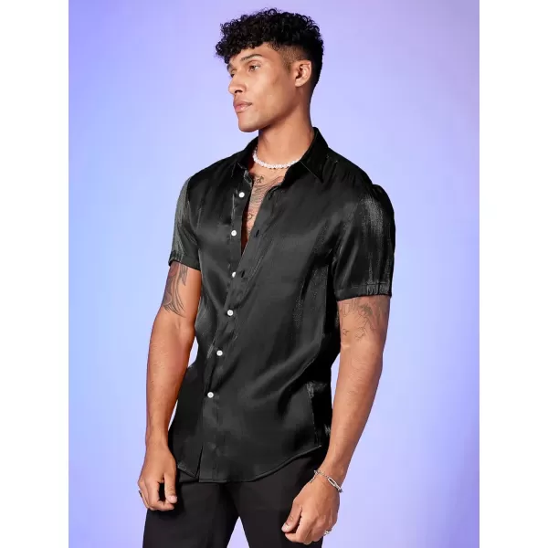WDIRARA Men's Silk Satin Metallic Button Down Short Sleeve Collared Shirts Rave Disco Club Tops