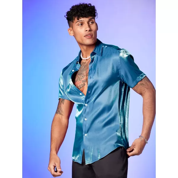 WDIRARA Men's Silk Satin Metallic Button Down Short Sleeve Collared Shirts Rave Disco Club Tops