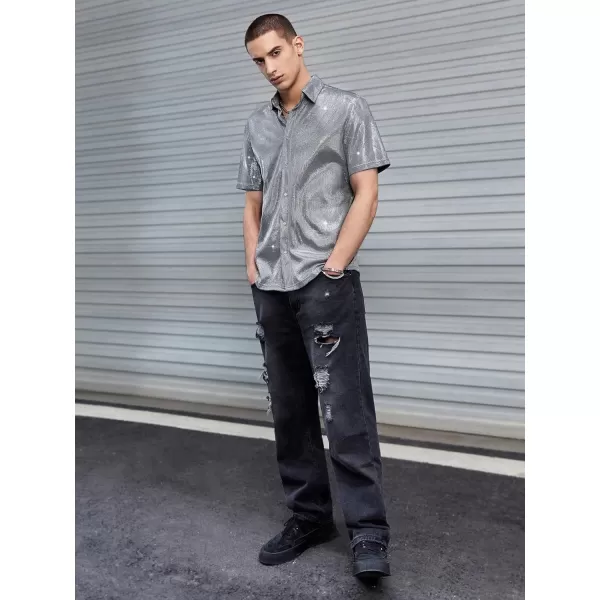 WDIRARA Men's Silk Satin Metallic Button Down Short Sleeve Collared Shirts Rave Disco Club Tops
