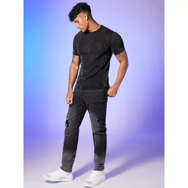 WDIRARA Men's Silk Satin Metallic Button Down Short Sleeve Collared Shirts Rave Disco Club Tops