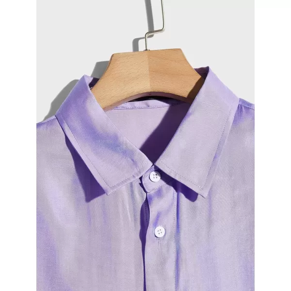 WDIRARA Men's Silk Satin Metallic Button Down Short Sleeve Collared Shirts Rave Disco Club Tops