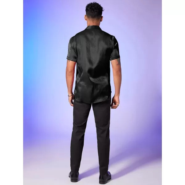 WDIRARA Men's Silk Satin Metallic Button Down Short Sleeve Collared Shirts Rave Disco Club Tops