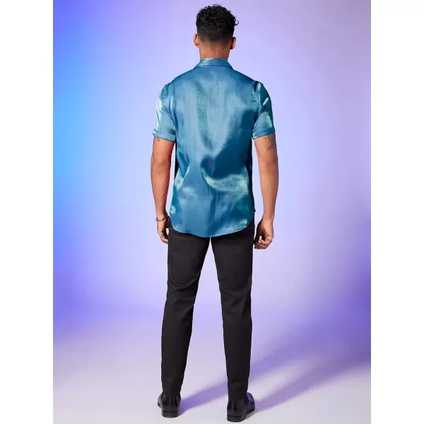 WDIRARA Men's Silk Satin Metallic Button Down Short Sleeve Collared Shirts Rave Disco Club Tops