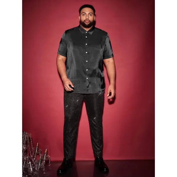 WDIRARA Men's Silk Satin Metallic Button Down Short Sleeve Collared Shirts Rave Disco Club Tops