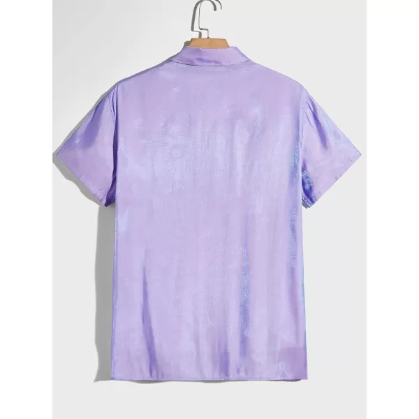 WDIRARA Men's Silk Satin Metallic Button Down Short Sleeve Collared Shirts Rave Disco Club Tops