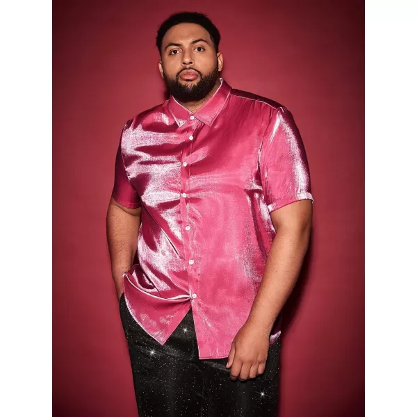 WDIRARA Men's Silk Satin Metallic Button Down Short Sleeve Collared Shirts Rave Disco Club Tops