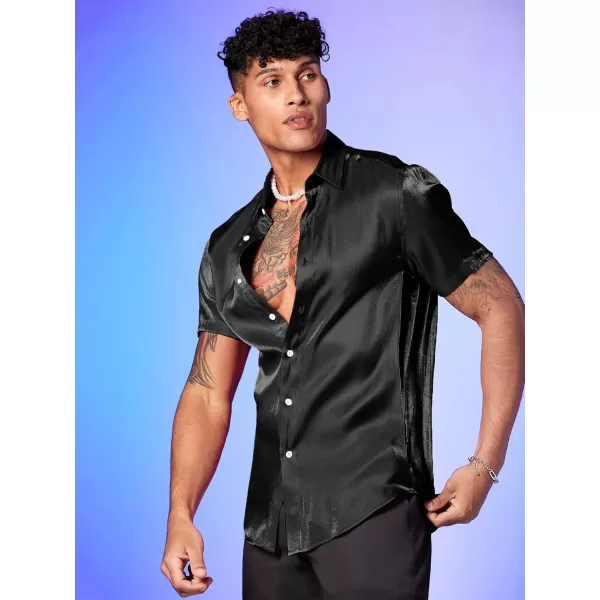 WDIRARA Men's Silk Satin Metallic Button Down Short Sleeve Collared Shirts Rave Disco Club Tops