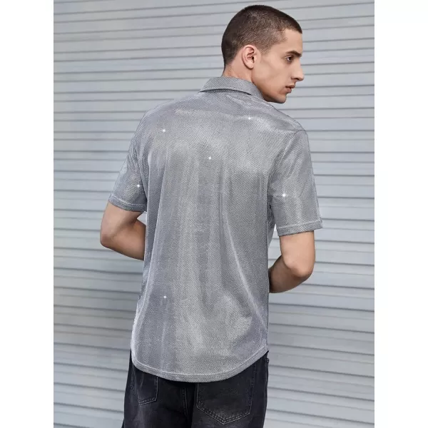 WDIRARA Men's Silk Satin Metallic Button Down Short Sleeve Collared Shirts Rave Disco Club Tops