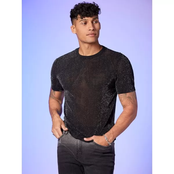 WDIRARA Men's Silk Satin Metallic Button Down Short Sleeve Collared Shirts Rave Disco Club Tops