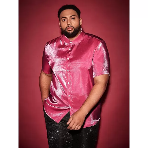 WDIRARA Men's Silk Satin Metallic Button Down Short Sleeve Collared Shirts Rave Disco Club Tops