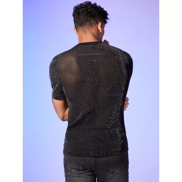WDIRARA Men's Silk Satin Metallic Button Down Short Sleeve Collared Shirts Rave Disco Club Tops