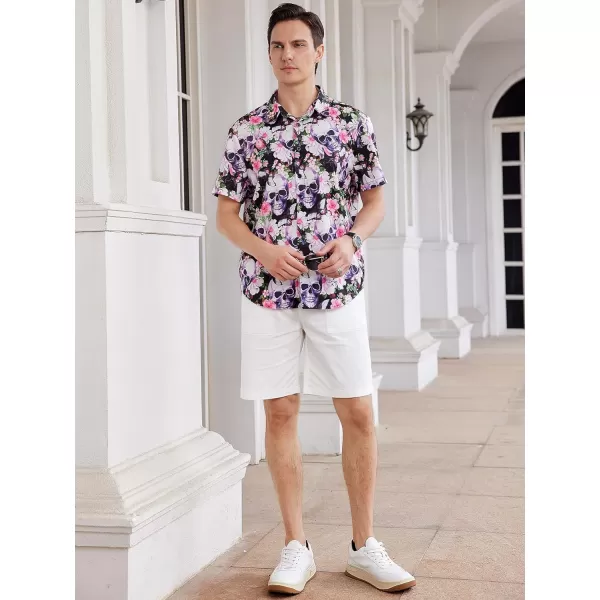 WDIRARA Men's Skull Floral Print Button Front Short Sleeve Shirt Collar Top