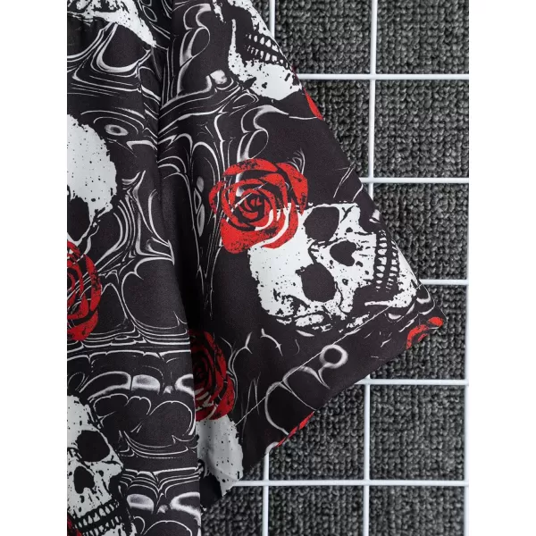 WDIRARA Men's Skull Floral Print Button Front Short Sleeve Shirt Collar Top