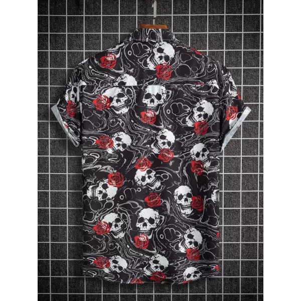 WDIRARA Men's Skull Floral Print Button Front Short Sleeve Shirt Collar Top