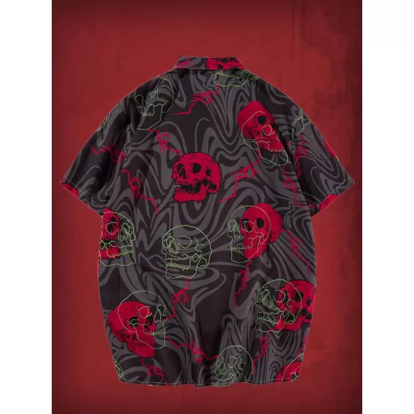 WDIRARA Men's Skull Floral Print Button Front Short Sleeve Shirt Collar Top