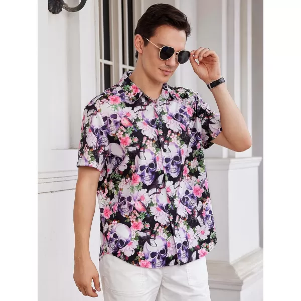 WDIRARA Men's Skull Floral Print Button Front Short Sleeve Shirt Collar Top