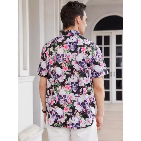 WDIRARA Men's Skull Floral Print Button Front Short Sleeve Shirt Collar Top