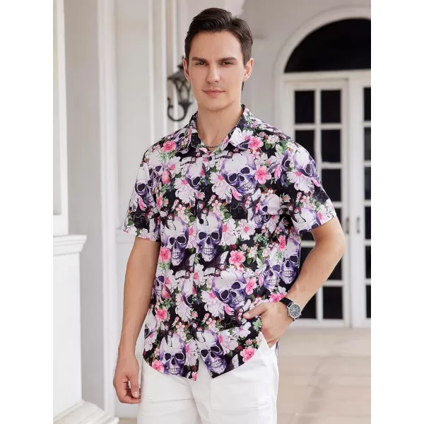 WDIRARA Men's Skull Floral Print Button Front Short Sleeve Shirt Collar Top