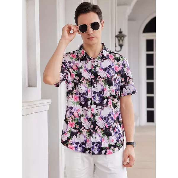 WDIRARA Men's Skull Floral Print Button Front Short Sleeve Shirt Collar Top