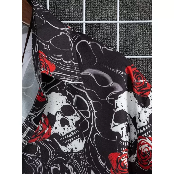 WDIRARA Men's Skull Floral Print Button Front Short Sleeve Shirt Collar Top